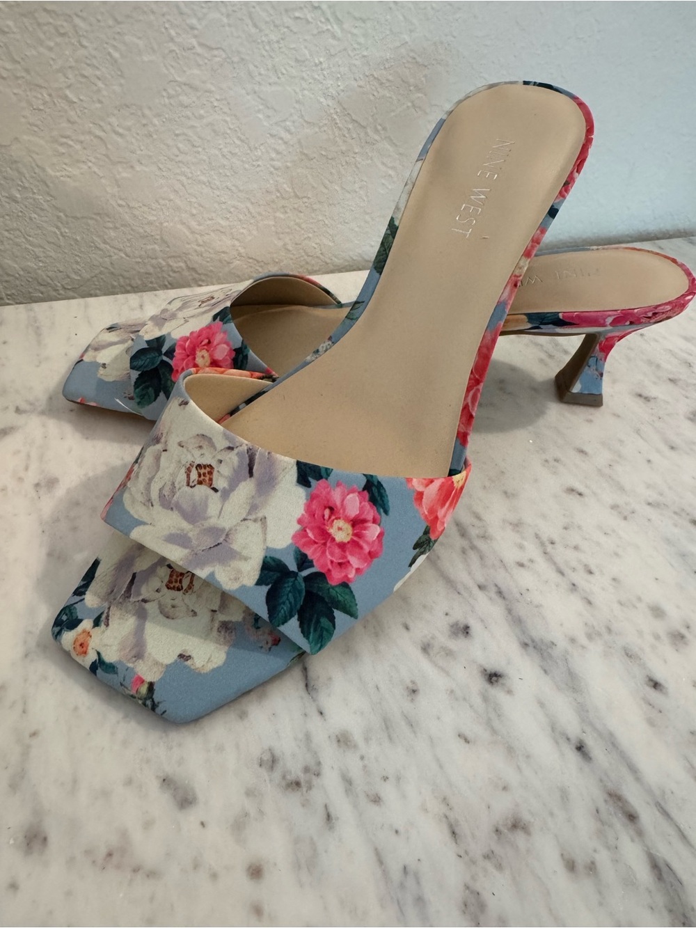 Brand New Nine West Blue Floral Square-Toe Slide Kitten Heels